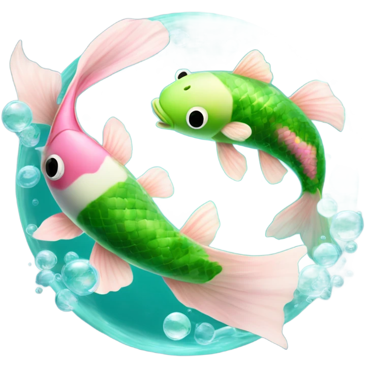 Pisces Two realistic green and blue the other pink and white koi fish swimming in circle ying yang cloudy dreamy bubbles  emoji