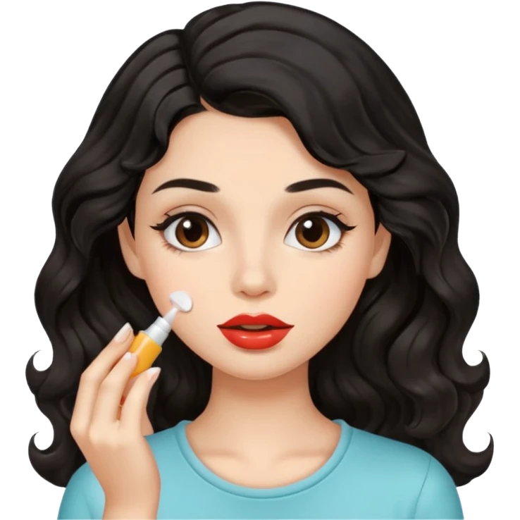 A gorgeous with black wavy hair women applying cute thin lipbalm on her brown lips emoji