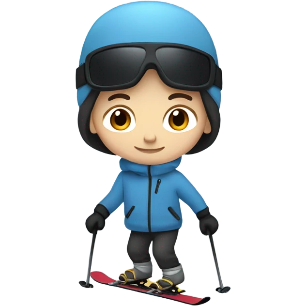 White boy with brown hair skiing on blue skis. Wearing a light gray coat. And a pair of black snow pants.  emoji