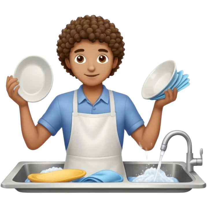 Brown boy with curly hair washing dishes  emoji