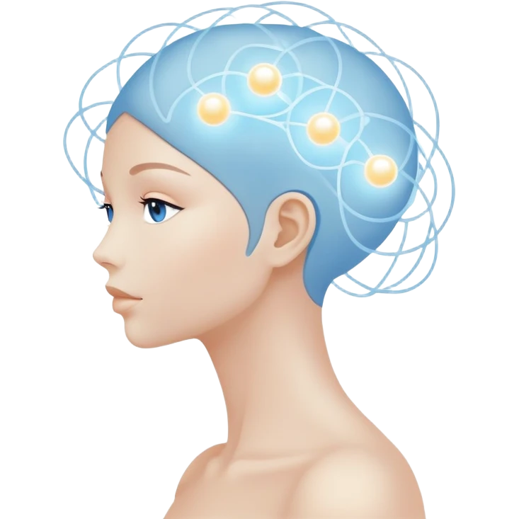 elegant human silhouette with delicate interconnected lines and floating orbs, luminous cores at head and heart, soft white-blue light emoji