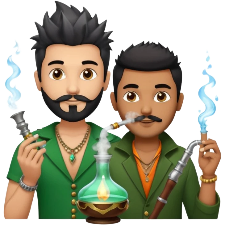 Brass hookah with green design on a glass water base on the top; with two smoke pipes where people are holding them and smoking - one white guy with spikes (silver and black hair) and another Tamil handsome with little beard Indian guy. The Tamil guy is not having spiky hair  emoji
