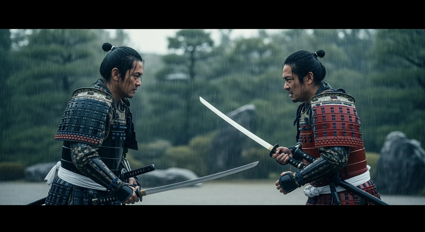 A cinematic scane from 1185, Wide shot of a two japan samurai face to face ready to fight during rain, deph composition, tense atmosphere, captured by by arri alexa, film directed by wes anderson emoji