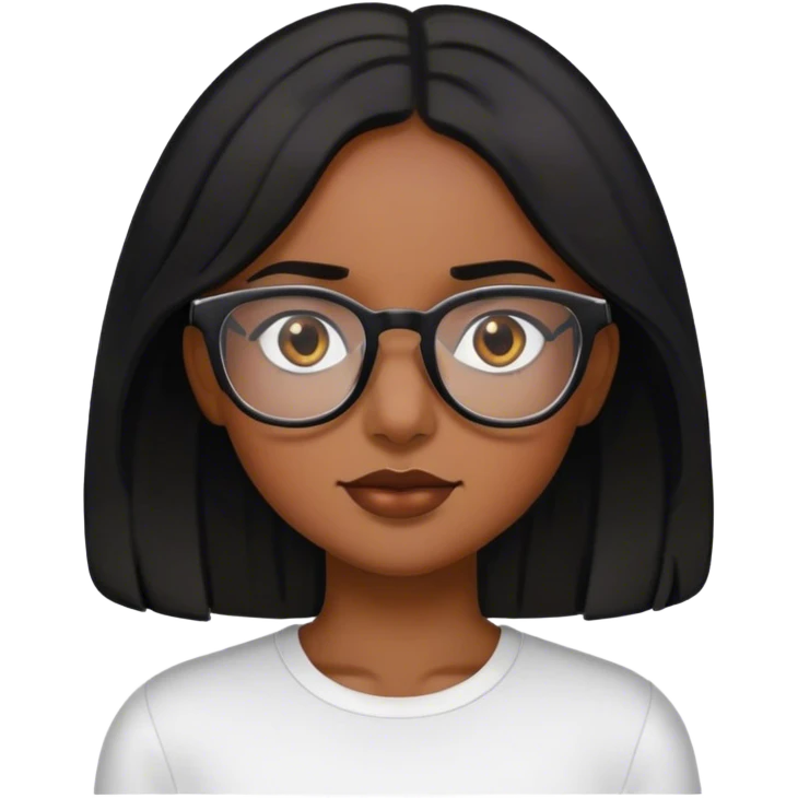 dark brown girl with shoulder length black hair and dark brown eyer and glasses emoji
