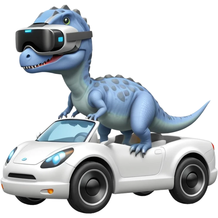 Dinosaurio  gris subido en un carro blanco tecnológico con lentes de realidad virtual emoji