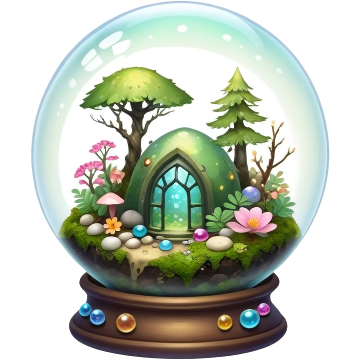 Sparkly shiny iridescent Mystical woodland glass-dome-terrarium-globe with moss inside, with marbles, with pebbles, crystals, with bones inside, and flowers inside  emoji