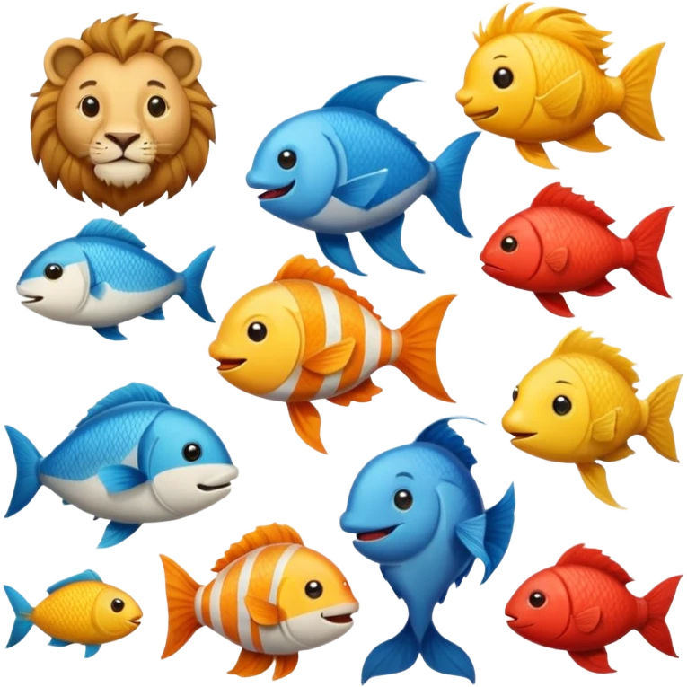 cheerful emoji of a group of animals including lion, bird, fish standing together symbolizing biodiversity emoji