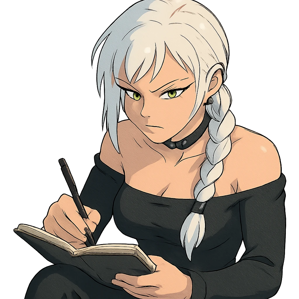  she is scribbling furiously in a notebook, a closeup portrait of young woman with gold yellow eyes, white hair, long braid, black off-shoulder top d-cup, punk gothic style, futuristic cyberwave cyberpunk, sitting position
 emoji