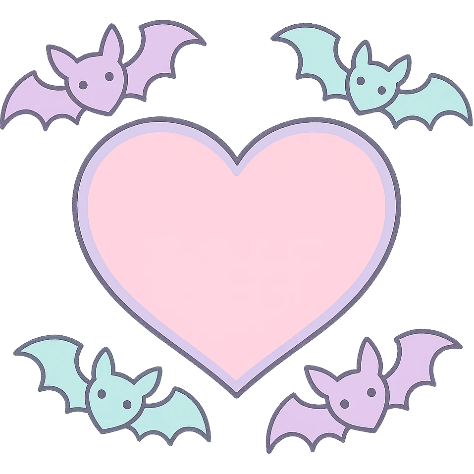 pastel goth heart with pastel bats ,remove background emoji