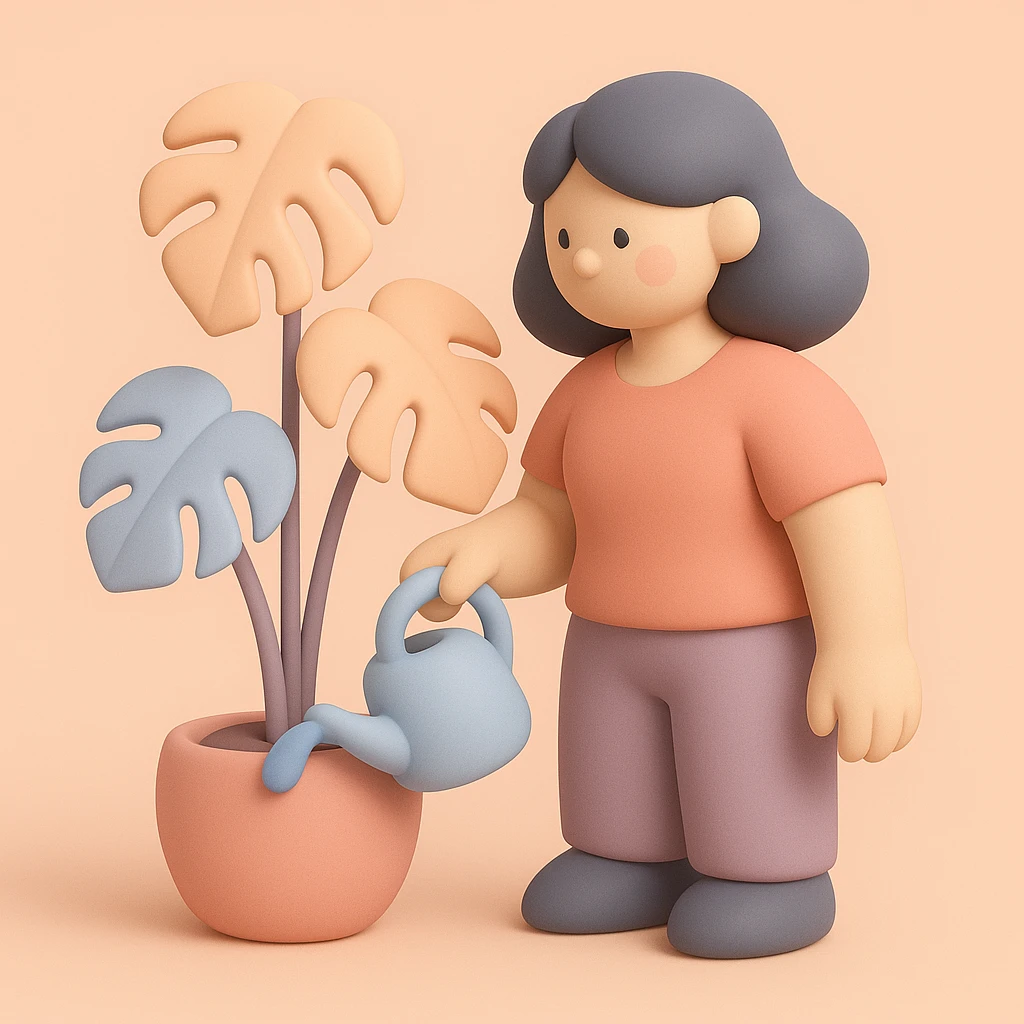 woman watering her monstera plant emoji