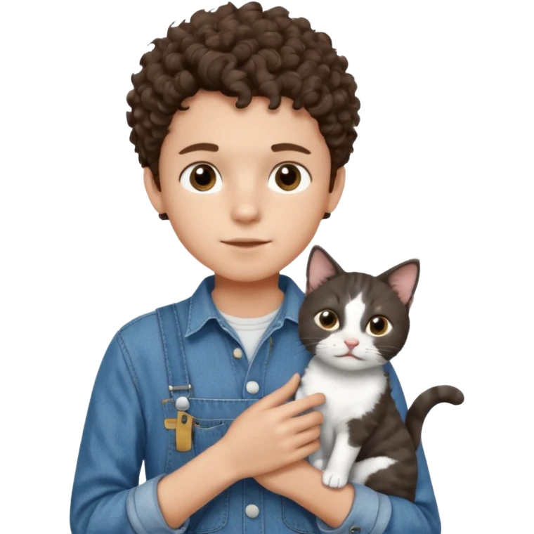 Apple emoji of a curly hair and dark brown eyes 13 year old boy with denim shirt and overalls with a black and white cat emoji