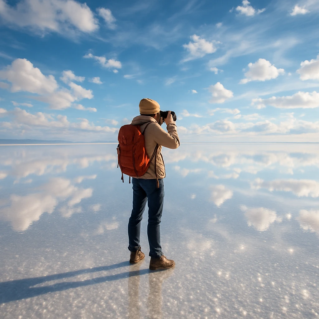 traveler taking photo in the Uyuni salt flats, standing on salt crystals, wide sky and reflection, bright and wondrous feeling emoji