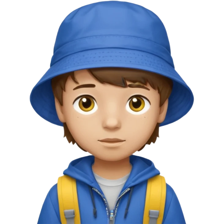 Little student, brown hair boy, wears blue bucket hat and jacket, yellow backpack, shy emoji