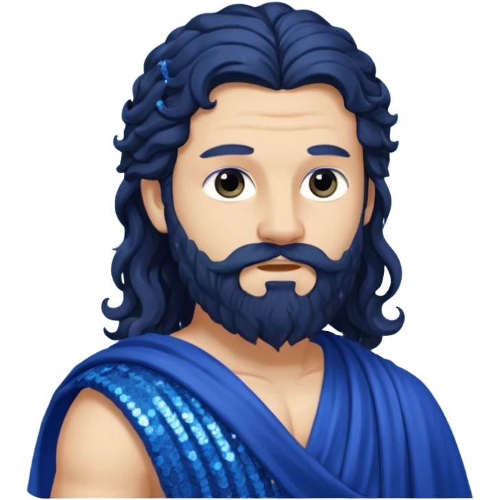 Auster, God of Summer Roman Deities with long black wavy hair and beard, indigo sequin toga emoji
