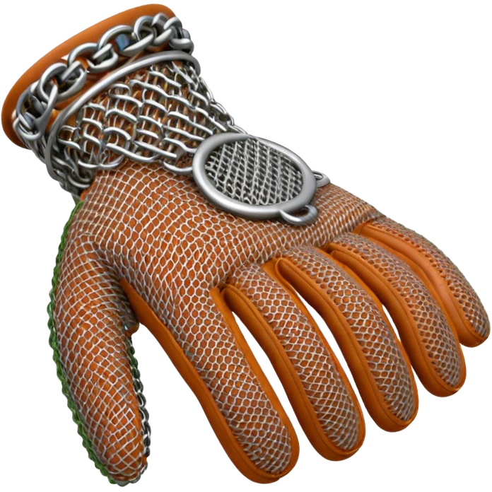3D render of Butcher’s Glove, made of interlocking chainmail metal rings, wire mesh texture, visible holes and negative space, metallic silver and grey, high contrast shadows, Apple emoji style, isolated on white background --v 6.0. emoji