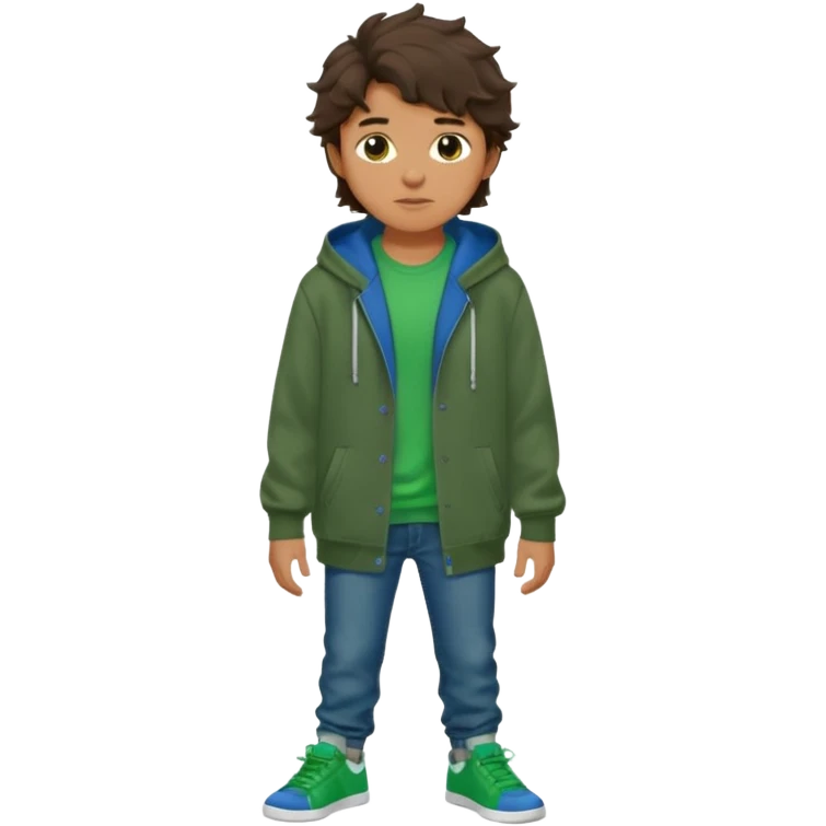 a 14 year old slightly tanned teenage boy with dark brown tousled wavy hair, wearing a green tshirt, with a dark green hoodie overcoat with blue jeans and green shoes emoji