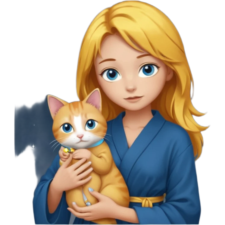 lightly tanned skin, blue eyes, cute and sexy girl with bright yellow-brown hair in a dark sky pallete robe, golden rings, slight cute makeup, full body, slightly turned aside pose, holding a cat in hands emoji