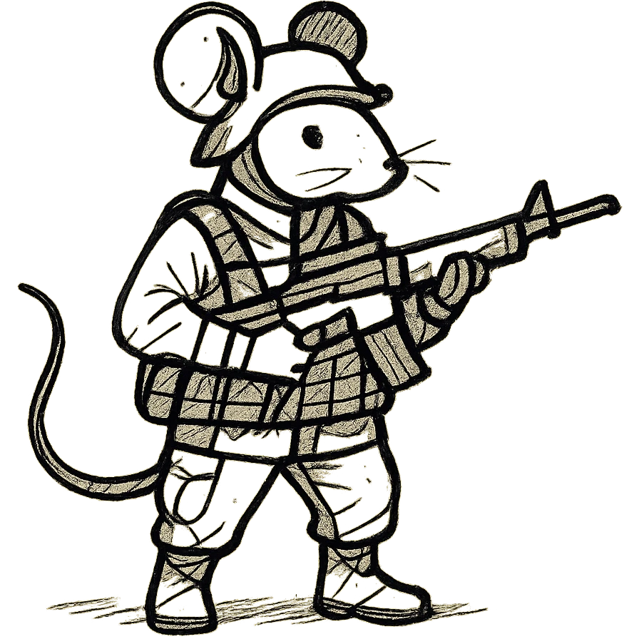 mouse soldier in full military gear, holding an assault rifle, hand-drawn sketch style emoji