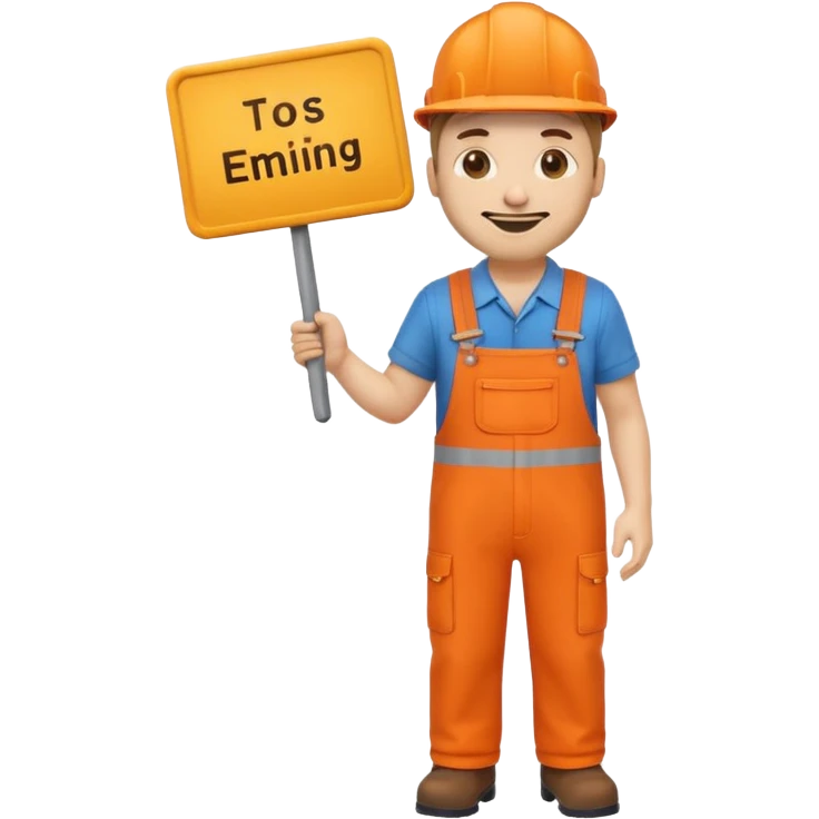 emoji style railway engineer full body in orange overalls, holding a sign in front of him emoji