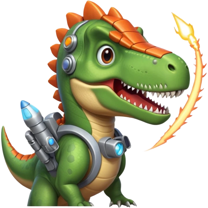 rocket-propelled dinosaur portrait, head and shoulders only, cute T-rex face, rocket pack visible behind shoulders, glowing thrusters, 3D cartoon, mobile game icon style, clean background, no text, no watermark emoji