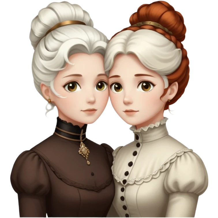 Two Victorian women with light eyes hugging closely, one with elegant white coiffed hair and one with dark copper coiffed hair, both wearing high-necked Victorian turtleneck dresses emoji