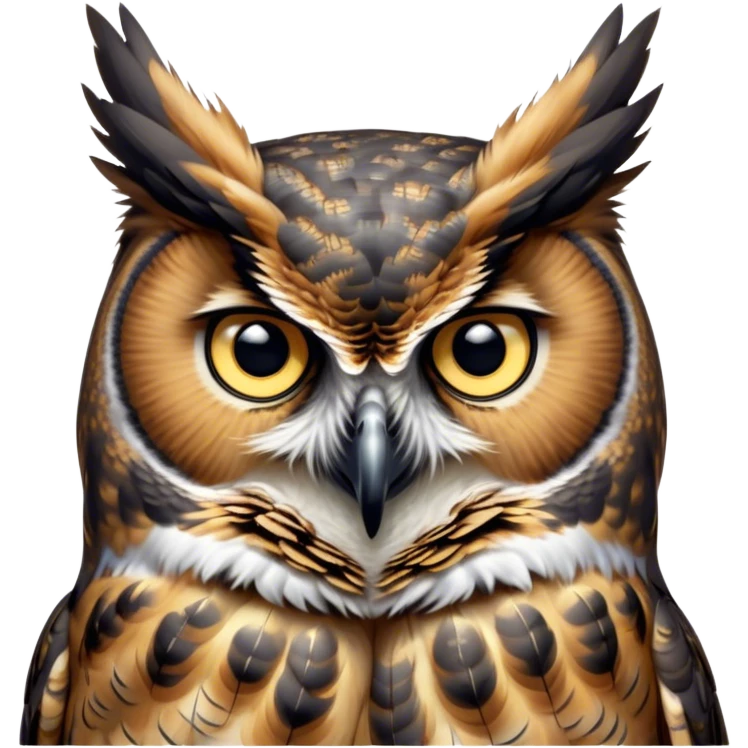 Cinematic Deep Thought Great Horned Owl Portrait Emoji, Head held high with a calm, reflective gaze, showcasing a beautifully mottled plumage and piercing golden eyes that seem to ponder the mysteries of the night, Simplified yet majestically refined features, highly detailed, glowing with a soft, contemplative light, high shine, poised and thoughtful, stylized with an air of profound introspection, capturing the essence of an owl deeply engaged in thought, so thoughtful it feels like it could silently share timeless secrets from beyond the screen! emoji