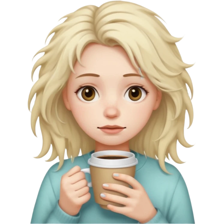 tired woman with dark circles under eyes holding a coffee cup, messy hair, soft pastel emoji style, calm neutral background emoji