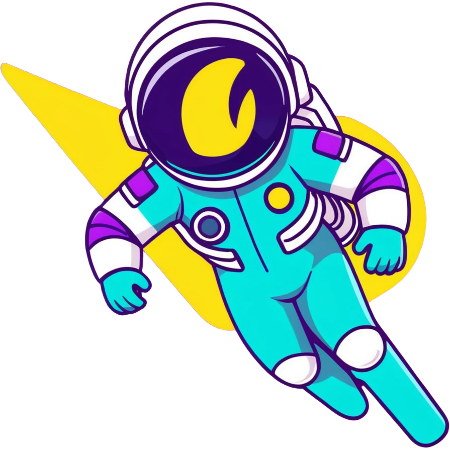 Stylized futuristic astronaut in mid-flight pose, sleek purple and neon teal suit, flat vector design, heroic silhouette, dynamic diagonal motion lines emoji