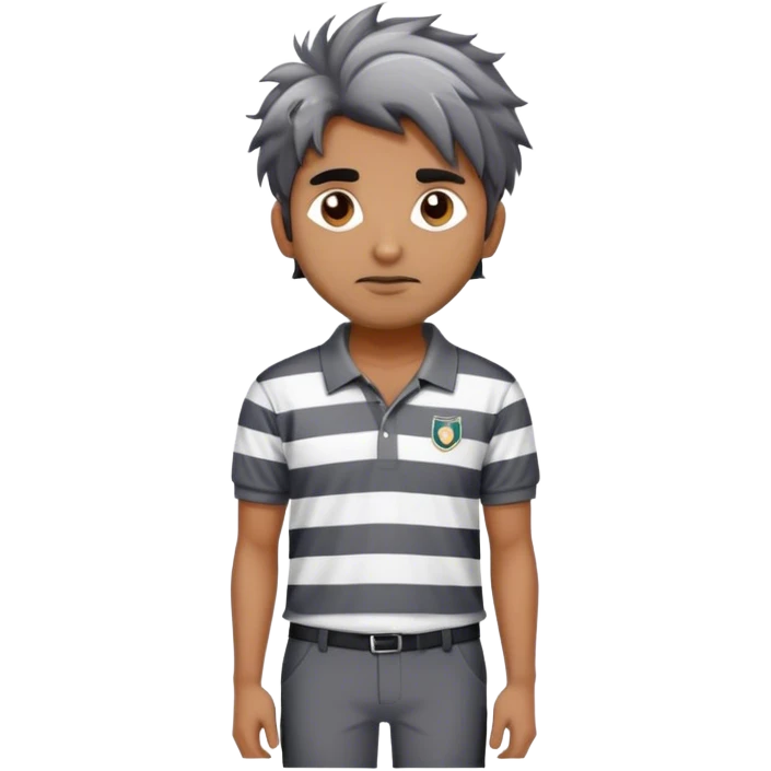 can you make an emoji of a man wearing a polo striped sweater and blak pants . gray and whtie stripes on the sweater, indian man with messy hair emoji