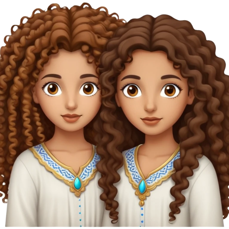 Twin marocan girls with curly long brown hair and big brown eyes  emoji