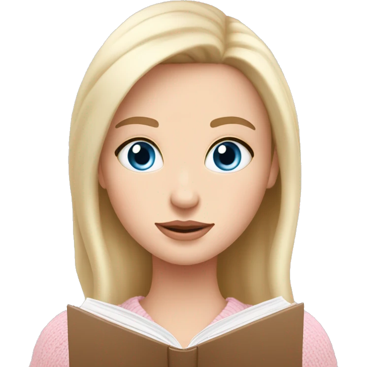 Pretty blue eyed white girl with light pink sweater reading cozy emoji