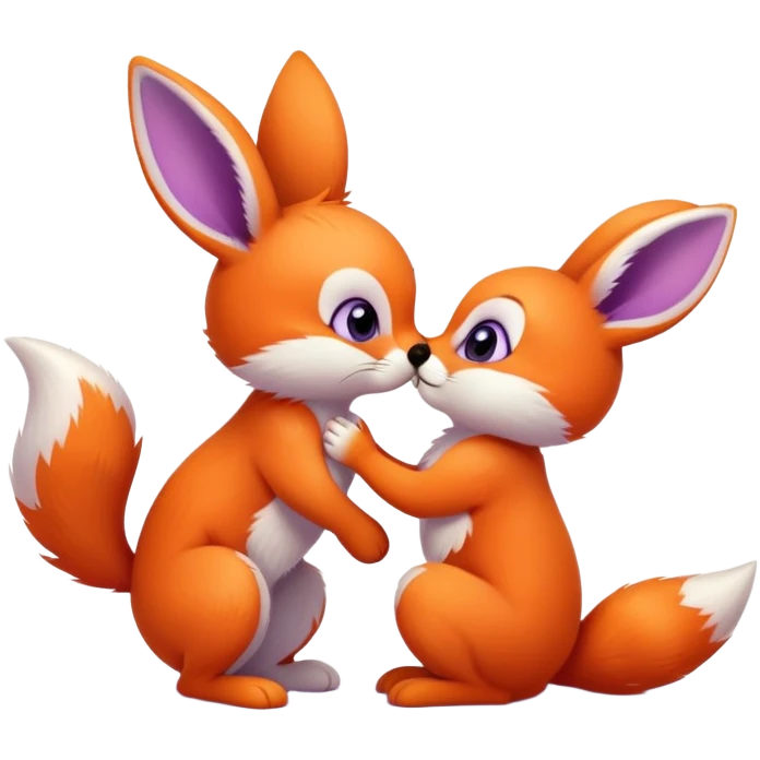 A small purple bunny kissing an orange fox cub with a bushy tail emoji