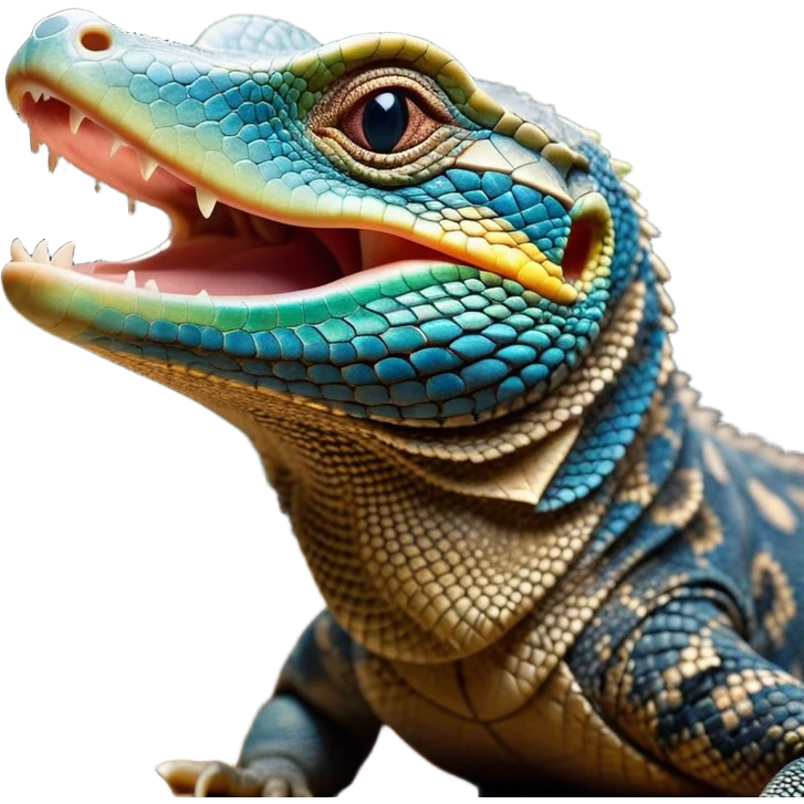 Cinematic Cute Yawning Monitor Lizard Portrait Emoji, Head tilted slightly with a dramatic, wide-open yawn, showcasing textured, patterned scales and sleepy, half-closed eyes exuding relaxed charm, Simplified yet irresistibly adorable features, highly detailed, glowing with a soft, cozy glow, high shine, relaxed yet expressive, stylized with a dash of whimsical wildness, soft glowing outline, capturing the essence of a drowsy yet affectionate reptile that appears ready to stretch out for a nap! emoji