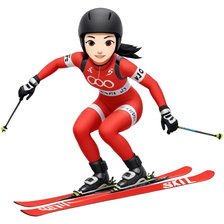 Ski racer downhill squat woman red white dress Steffi lettering Ski Head lettering black hair smile emoji