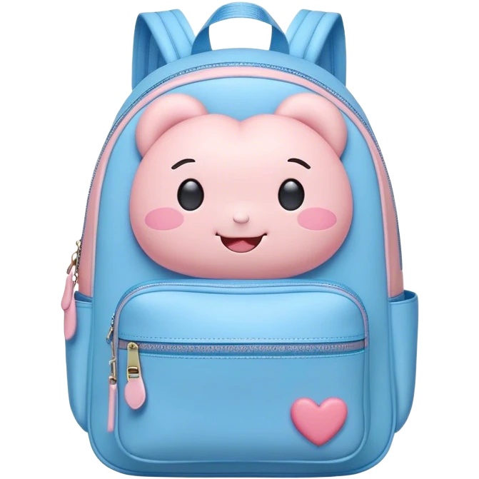 Cute Kawaii Backpack, round and chubby, soft pastel pink and blue, tiny heart-shaped zippers, blushing cheeks, a tiny smiling face, a happy school-time companion! emoji