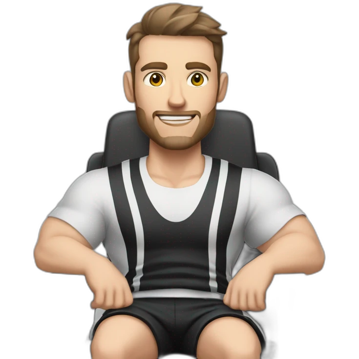 Pale skinned Fit Man With the biceps and dark brown hair in black shirt, gray sports shorts and white Sneakers Sitting on a chair emoji
