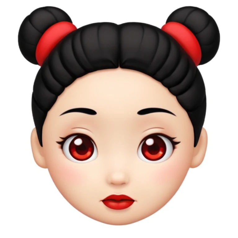 Pucca's cartoon face, apple-style emoji, cute expression, black hair buns, red accents, no body, no text emoji