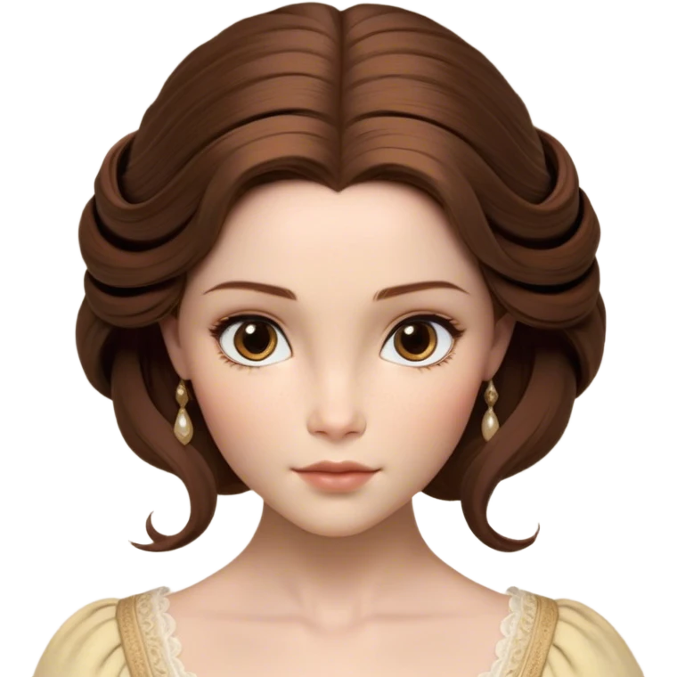 Cinematic Realistic Belle Portrait, depicted with lifelike skin texture, soft natural lighting, and intricately detailed brown hair styled elegantly. Her deep, expressive eyes exude warmth and intelligence, complemented by a serene and graceful expression. She is dressed in her classic attire, with rich fabric textures and delicate folds that catch the light beautifully. The portrait features a soft, enchanting glow with a natural, radiant finish, capturing the essence of timeless beauty in a realistic and painterly style, evoking a sense of depth and authenticity. emoji