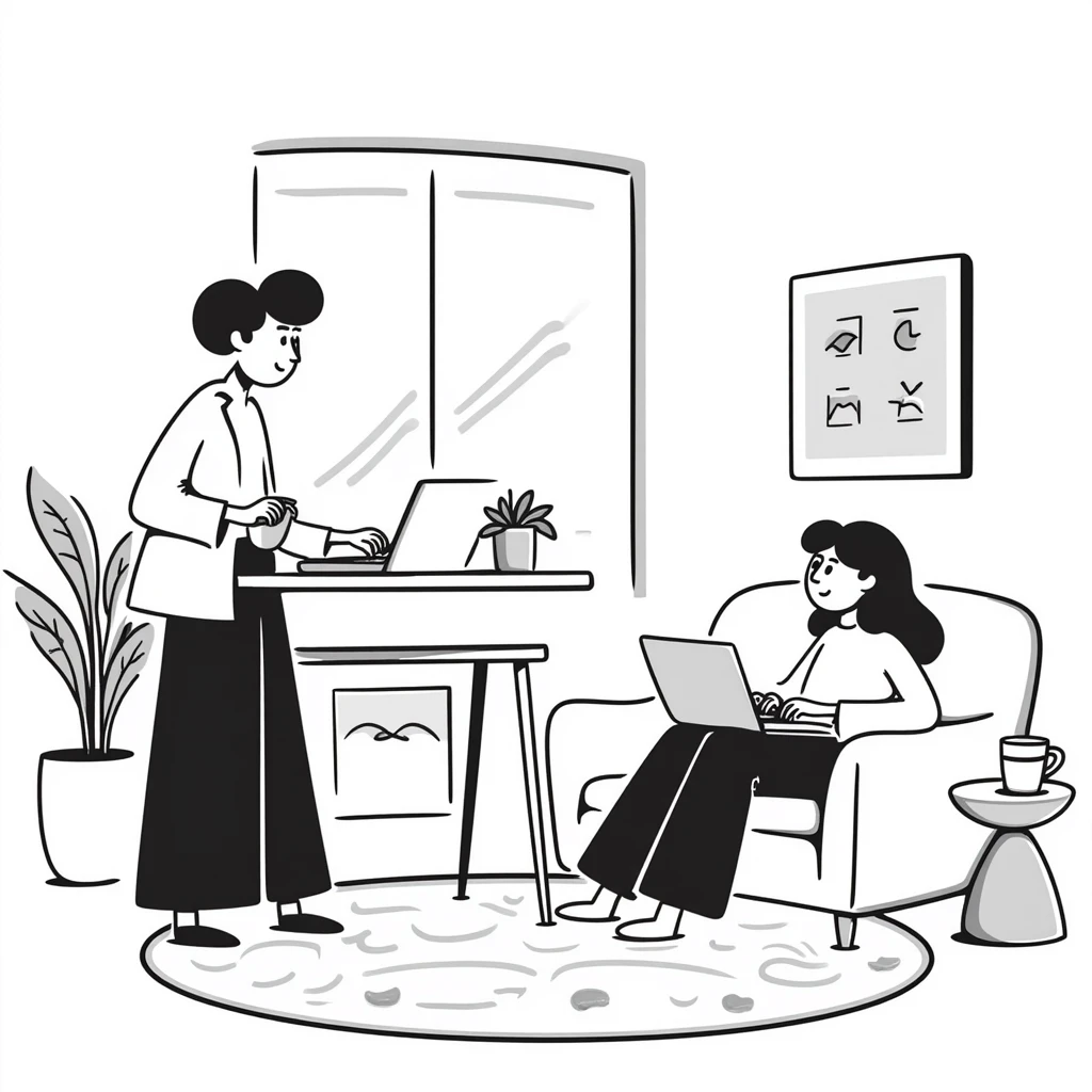 escenary 3d of a cozy mid-century living room with two people working on laptops, one man standing at a desk, and one woman sitting on a couch emoji