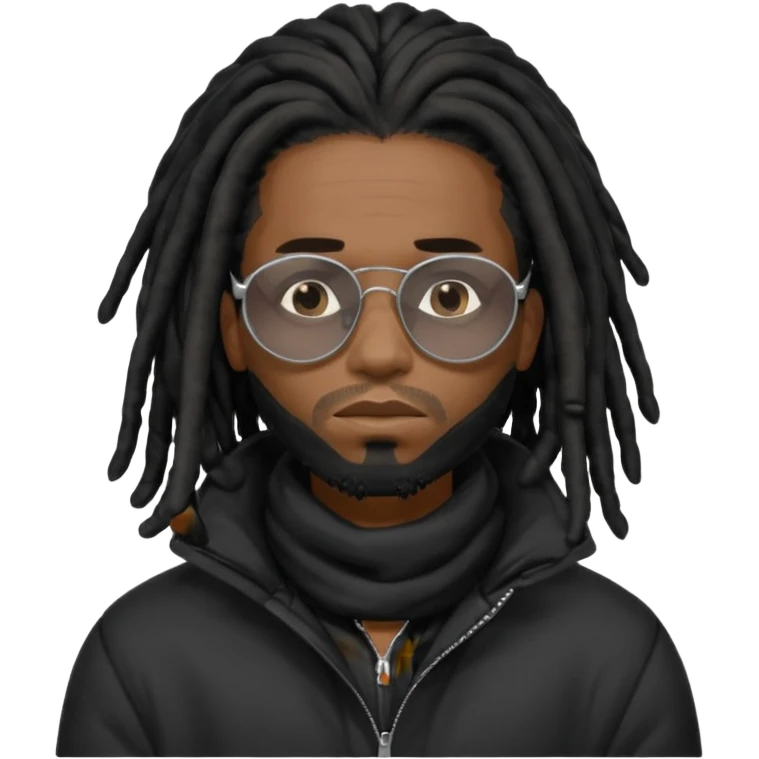 African American man brown skin complexion with black dreadlocks shoulder length wearing black bubble winter coat wearing black sunglasses with right hand on face covering sad face emoji