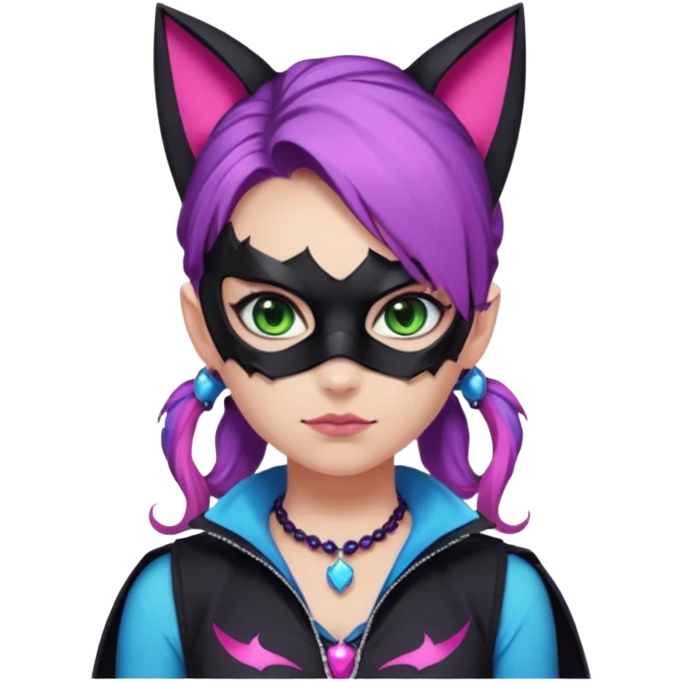 Girl with green eyes, wearing a bat mask with pink stones, and her hair tied in a ponytail, the hair is purple, blue, and pink streaks, with black cat ears with pink stones, wearing a black shirt that covers the neck, and a sleeveless blue jacket, and a necklace of pink stones emoji