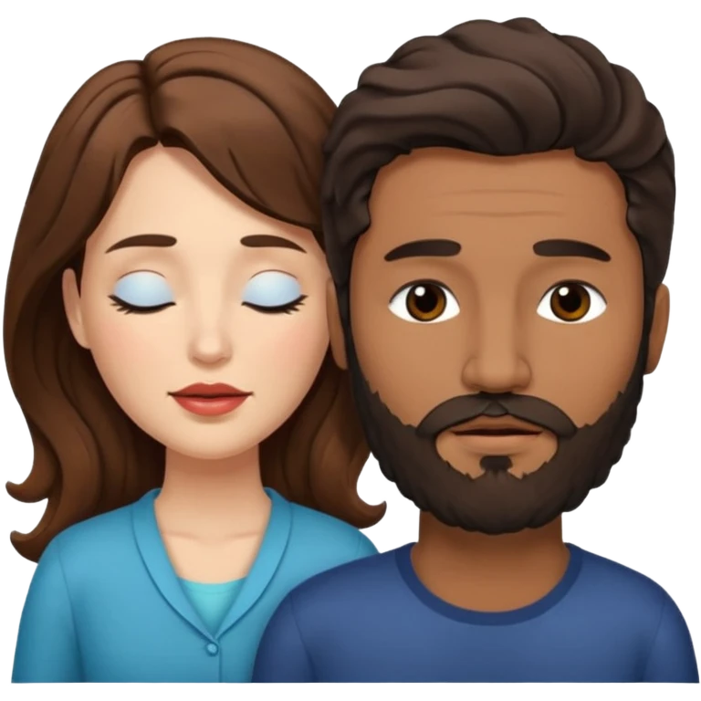 White woman (brown hair with eyes closed) and brown man with black wavy hair (has a a beard with his eyes closed too). The woman has her lips on the forehead of the man. emoji