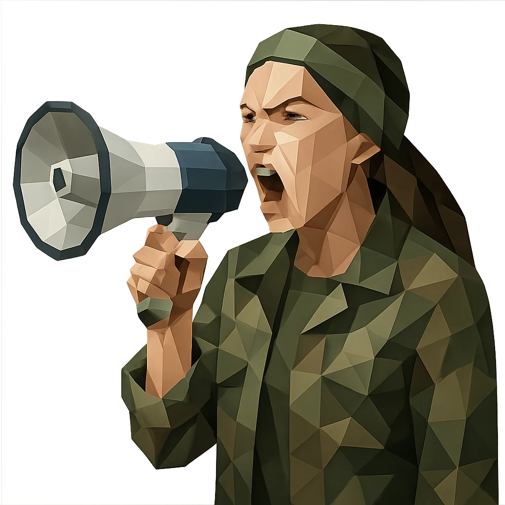 woman with green headband, camo jacket, holding a megaphone, angry expression emoji