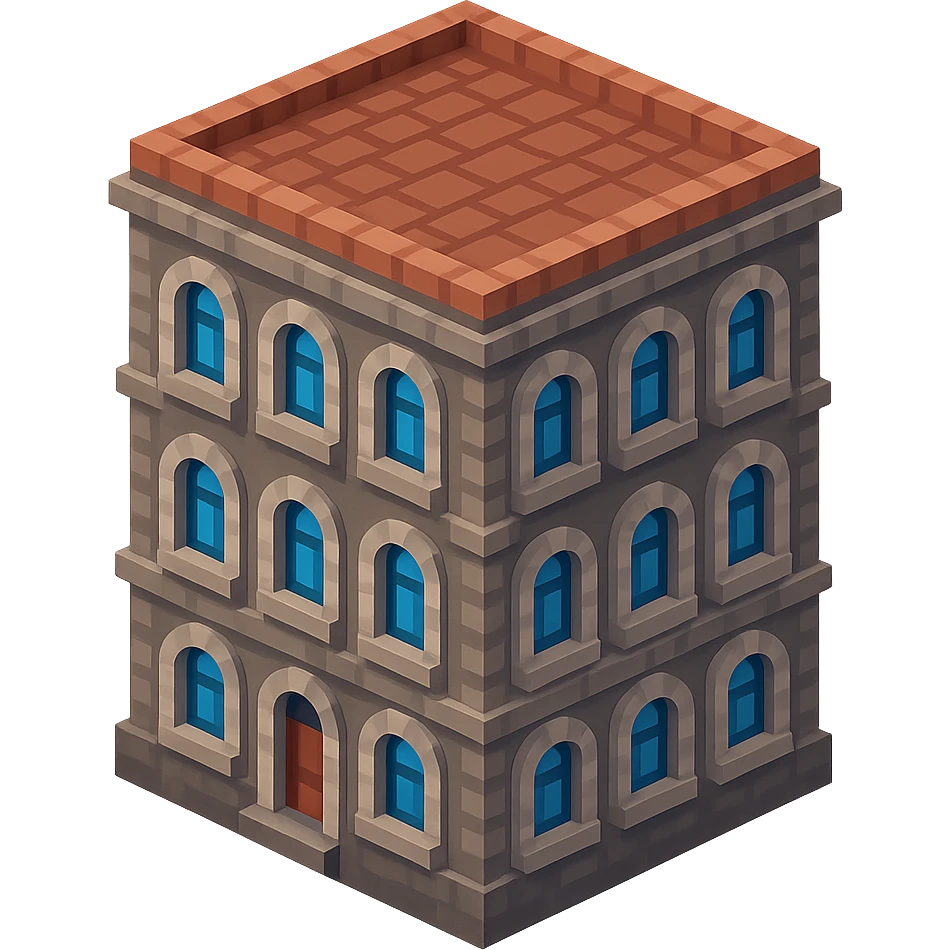 old Saint Petersburg building, gray-brown facade, arched windows, isometric view emoji