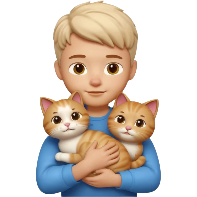 "Apple Memoji style 3D character, a young man person gently petting and hugging a cute fluffy cat, peaceful and happy facial expressions, soft studio lighting, clean 3D clay render, vibrant colors, minimalist aesthetic, high detail, high resolution, isolated on a plain white background." emoji