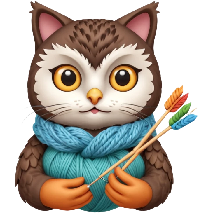 knitting owl portrait, head and shoulders only, cute cat holding knitting needles and yarn, cozy expression, warm handmade vibe, soft feathers, 3D cartoon style, mobile game icon style, clean background, no text, no watermark
 emoji
