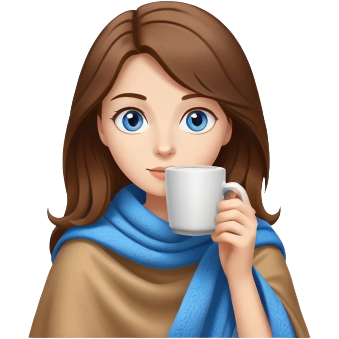 Brown hair with blue eyes lady wearing light brown blanket drinking coffee  emoji