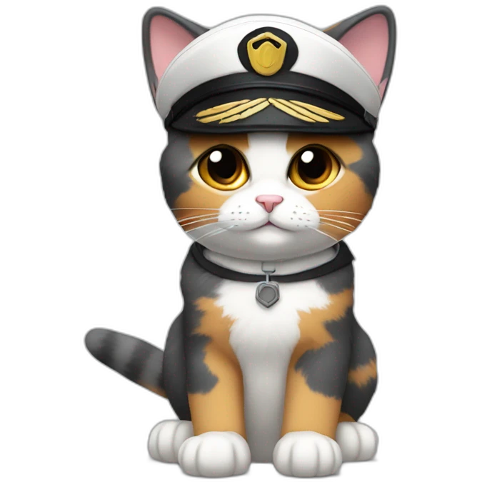 calico cat with grey fur wearing a pilot hat emoji