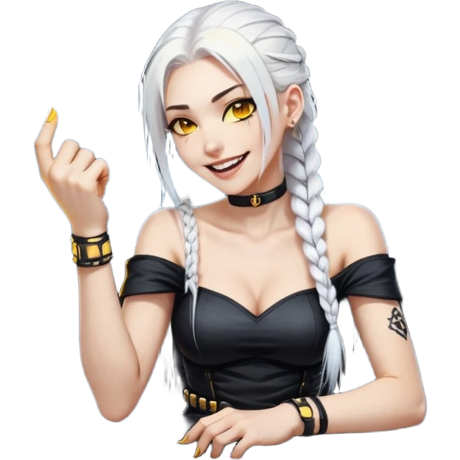 she is laughing the hardest and pounding her fist on the table, a closeup portrait of young woman with gold yellow eyes, white hair, long braid, black off-shoulder top, punk gothic style, futuristic cyberwave cyberpunk, sitting position
 emoji