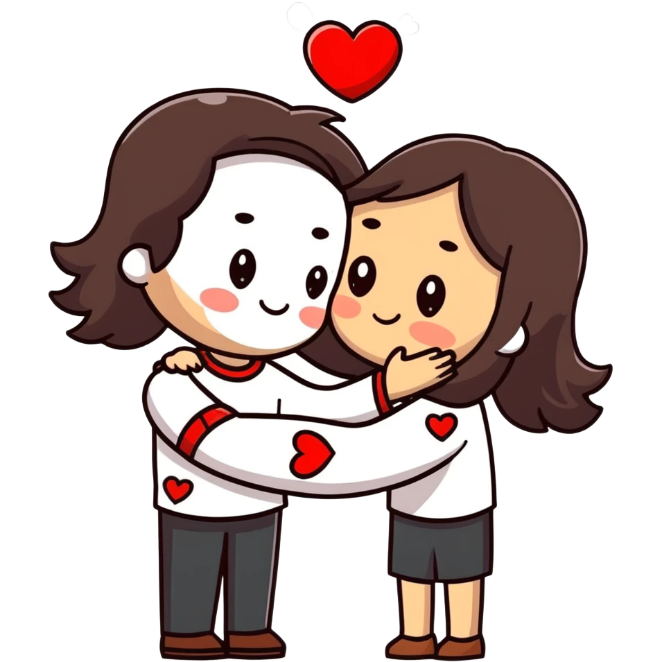 A couple embracing each other. The man has mestizo skin tone, slightly long dark brown straight hair. The woman has light skin, long dark brown hair. White hearts floating around them. emoji